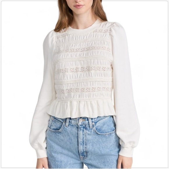 SEA New York Cream Rita Jersey Long Sleeve Smocked Top Sweatshirt large - Picture 1 of 9